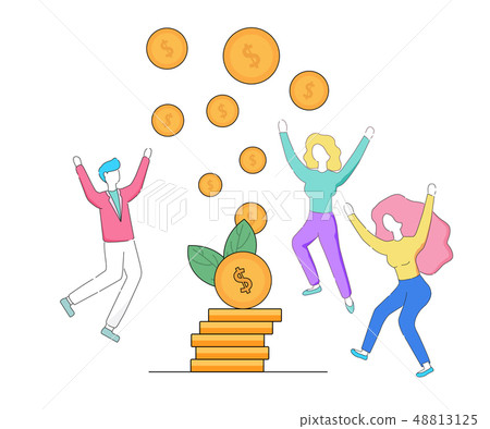 People Dancing Around of Gold Dollars Coin Pile. 48813125