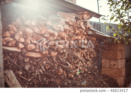 Stack of firewood under the roof near the house Stack of firewood under the roof near the house 48813417