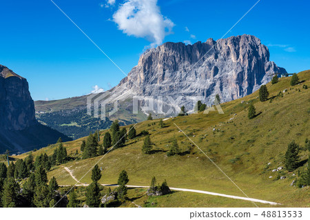 the Sassolungo - Langkofel group, valley Gardena. Dolomites, Italy the Sassolungo - Langkofel group, valley Gardena. Dolomites, Italy 48813533