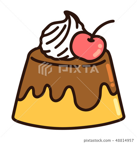 Illustration of pudding with simple and cute cream and cherries, main line Illustration of pudding with simple and cute cream and cherries, main line 48814957