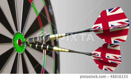 British national achievement. Flags of the United Kingdom on darts hitting bullseye. Conceptual 3D British national achievement. Flags of the United Kingdom on darts hitting bullseye. Conceptual 3D 48816133
