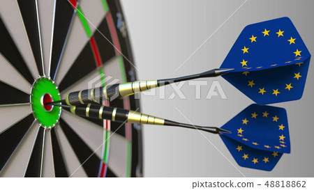 EU achievement. Flags of the European Union on darts hitting bullseye. Conceptual 3D rendering EU achievement. Flags of the European Union on darts hitting bullseye. Conceptual 3D rendering 48818862