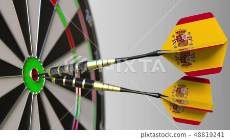 Spanish national achievement. Flags of Spain on darts hitting bullseye. Conceptual 3D rendering 48819241
