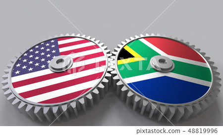 Flags of the USA and South Africa on meshing gears. International cooperation conceptual 3D 48819996