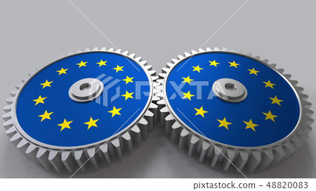 national project. Flags of the European Union EU on moving cogwheels. Conceptual 3D rendering national project. Flags of the European Union EU on moving cogwheels. Conceptual 3D rendering 48820083