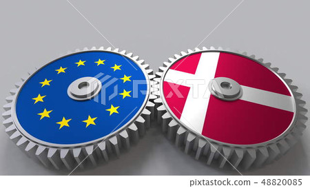 Flags of the European Union and Denmark on meshing gears. International cooperation conceptual 3D Flags of the European Union and Denmark on meshing gears. International cooperation conceptual 3D 48820085