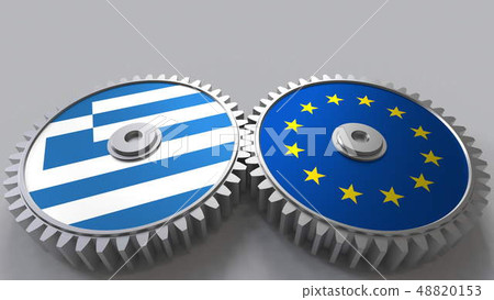 Flags of Greece and the European Union on meshing gears. International cooperation conceptual 3D 48820153