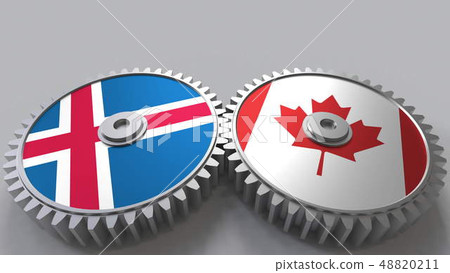 Flags of Iceland and Canada on meshing gears. International cooperation conceptual 3D rendering Flags of Iceland and Canada on meshing gears. International cooperation conceptual 3D rendering 48820211