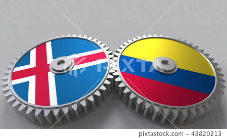 Flags of Iceland and Colombia on meshing gears. International cooperation conceptual 3D rendering Flags of Iceland and Colombia on meshing gears. International cooperation conceptual 3D rendering 48820213