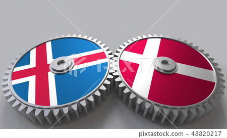 Flags of Iceland and Denmark on meshing gears. International cooperation conceptual 3D rendering 48820217