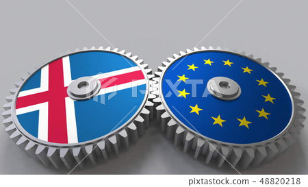 Flags of Iceland and the European Union on meshing gears. International cooperation conceptual 3D Flags of Iceland and the European Union on meshing gears. International cooperation conceptual 3D 48820218