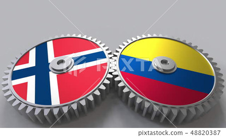 Flags of Norway and Colombia on meshing gears. International cooperation conceptual 3D rendering Flags of Norway and Colombia on meshing gears. International cooperation conceptual 3D rendering 48820387