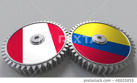 Flags of Peru and Colombia on meshing gears. International cooperation conceptual 3D rendering 48820858