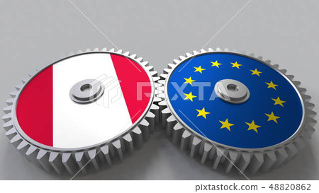 Flags of Peru and the European Union on meshing gears. International cooperation conceptual 3D 48820862