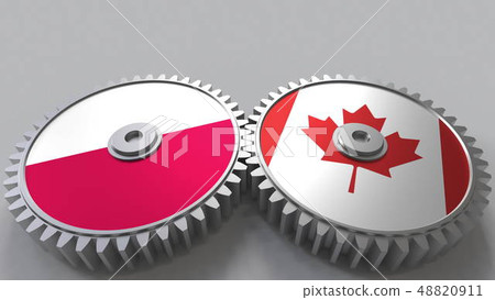 Flags of Poland and Canada on meshing gears. International cooperation conceptual 3D rendering Flags of Poland and Canada on meshing gears. International cooperation conceptual 3D rendering 48820911