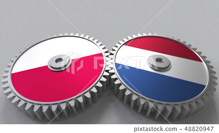 Flags of Poland and Netherlands on meshing gears. International cooperation conceptual 3D rendering Flags of Poland and Netherlands on meshing gears. International cooperation conceptual 3D rendering 48820947