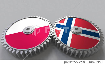 Flags of Poland and Norway on meshing gears. International cooperation conceptual 3D rendering 48820950
