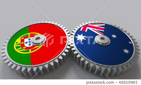 Flags of Portugal and Australia on meshing gears. International cooperation conceptual 3D rendering Flags of Portugal and Australia on meshing gears. International cooperation conceptual 3D rendering 48820965