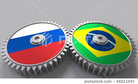Flags of Russia and Brazil on meshing gears. International cooperation conceptual 3D rendering 48821045