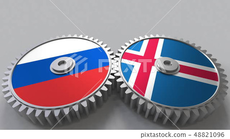 Flags of Russia and Iceland on meshing gears. International cooperation conceptual 3D rendering Flags of Russia and Iceland on meshing gears. International cooperation conceptual 3D rendering 48821096