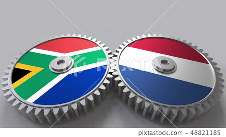 Flags of South Africa and Netherlands on meshing gears. International cooperation conceptual 3D 48821185