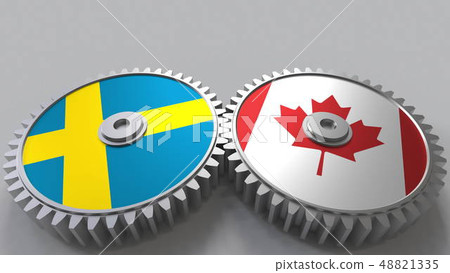 Flags of Sweden and Canada on meshing gears. International cooperation conceptual 3D rendering Flags of Sweden and Canada on meshing gears. International cooperation conceptual 3D rendering 48821335
