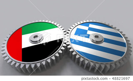 Flags of the UAE and Greece on meshing gears. International cooperation conceptual 3D rendering 48821697