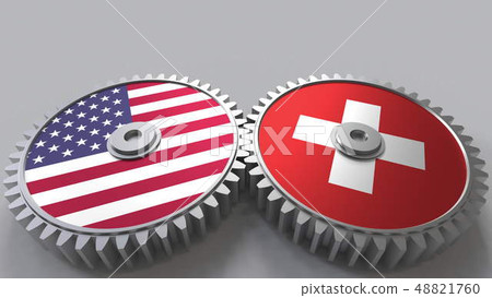 Flags of the USA and Switzerland on meshing gears. International cooperation conceptual 3D rendering Flags of the USA and Switzerland on meshing gears. International cooperation conceptual 3D rendering 48821760