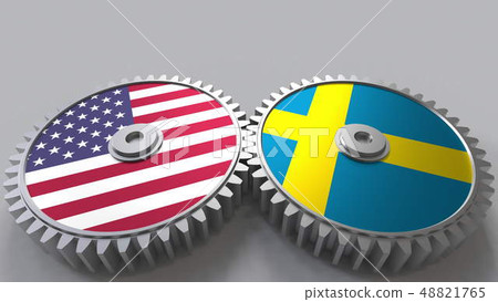 Flags of the USA and Sweden on meshing gears. International cooperation conceptual 3D rendering 48821765