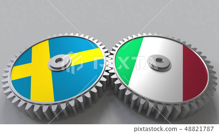 Flags of Sweden and Italy on meshing gears. International cooperation conceptual 3D rendering Flags of Sweden and Italy on meshing gears. International cooperation conceptual 3D rendering 48821787