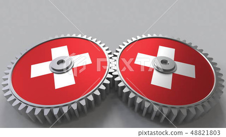Swiss national project. Flags of Switzerland on moving cogwheels. Conceptual 3D rendering 48821803