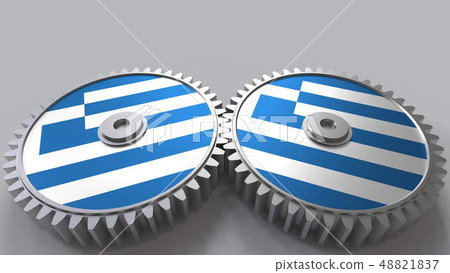 Greek national project. Flags of Greece on moving cogwheels. Conceptual 3D rendering Greek national project. Flags of Greece on moving cogwheels. Conceptual 3D rendering 48821837