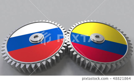 Flags of Russia and Colombia on meshing gears. International cooperation conceptual 3D rendering Flags of Russia and Colombia on meshing gears. International cooperation conceptual 3D rendering 48821864