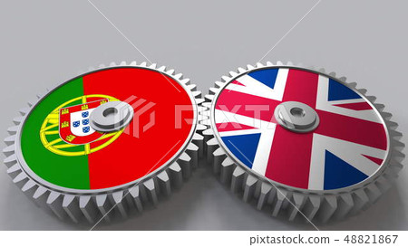 Flags of Portugal and The United Kingdom on meshing gears. International cooperation conceptual 3D Flags of Portugal and The United Kingdom on meshing gears. International cooperation conceptual 3D 48821867