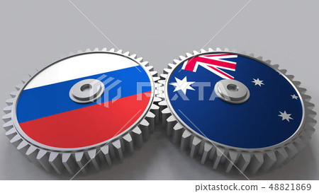 Flags of Russia and Australia on meshing gears. International cooperation conceptual 3D rendering 48821869