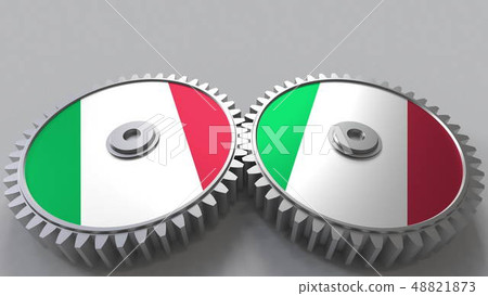 Italian national project. Flags of Italy on moving cogwheels. Conceptual 3D rendering Italian national project. Flags of Italy on moving cogwheels. Conceptual 3D rendering 48821873
