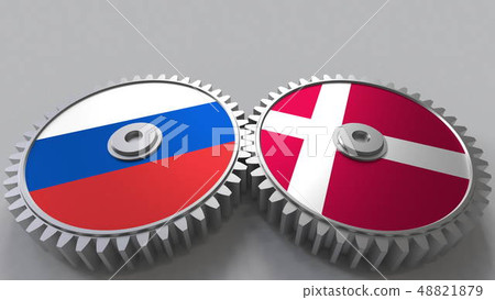 Flags of Russia and Denmark on meshing gears. International cooperation conceptual 3D rendering 48821879