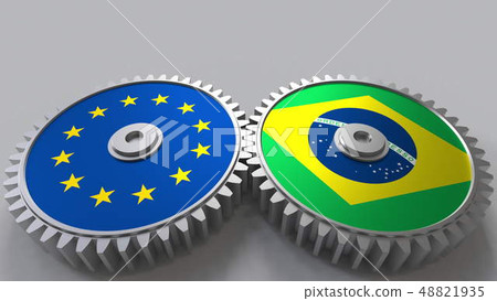 Flags of the European Union and Brazil on meshing gears. International cooperation conceptual 3D Flags of the European Union and Brazil on meshing gears. International cooperation conceptual 3D 48821935
