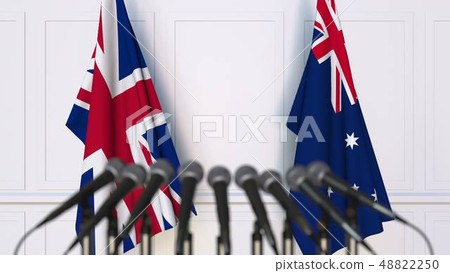 Flags of the United Kingdom and Australia at international meeting or conference. 3D rendering 48822250