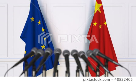Flags of the European Union and China at international meeting or conference. 3D rendering Flags of the European Union and China at international meeting or conference. 3D rendering 48822405