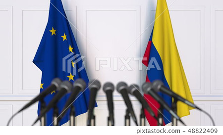 Flags of the European Union and Colombia at international meeting or conference. 3D rendering Flags of the European Union and Colombia at international meeting or conference. 3D rendering 48822409
