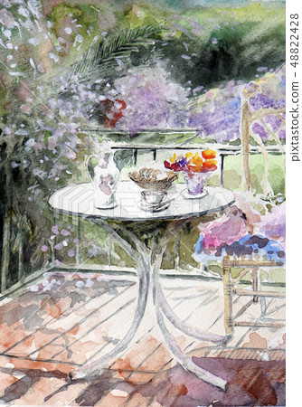 Gardening table teatime wood deck 48822428