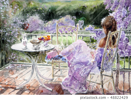 Woman Bougainvillea Teatime Wood Deck 48822429