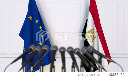 Flags of the European Union and Egypt at international meeting or conference. 3D rendering Flags of the European Union and Egypt at international meeting or conference. 3D rendering 48822431