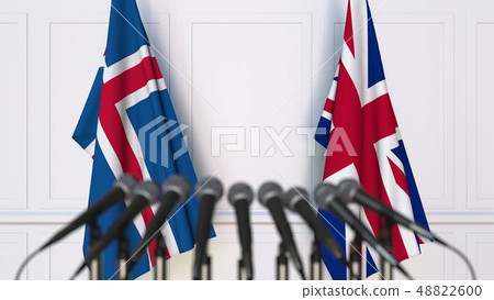 Flags of Iceland and The United Kingdom at international meeting or conference. 3D rendering 48822600