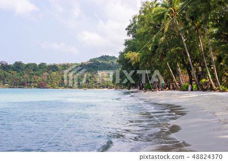 Tourist walk see the panorama of white sand beach. Tourist walk see the panorama of white sand beach. 48824370