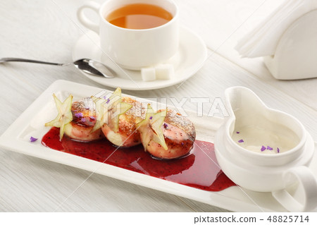 Cottage cheese pancakes with strawberry jam, sour cream on white wooden background, breakfast or Cottage cheese pancakes with strawberry jam, sour cream on white wooden background, breakfast or 48825714