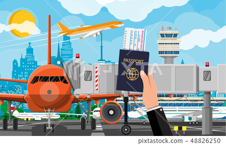 Hand with passport, ticket. Plane before takeoff Hand with passport, ticket. Plane before takeoff 48826250