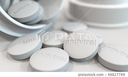 Close-up shot of pills with stamped ANTIVIRAL text on them. 3D rendering Close-up shot of pills with stamped ANTIVIRAL text on them. 3D rendering 48827789