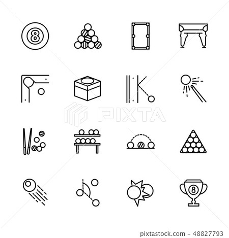 Simple icon set billiard game. Contains such symbols billiard balls, pool stick, cue, pocket 48827793